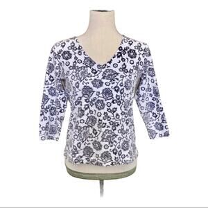 Talbots White & Black Tee Floral Shirt V-neck